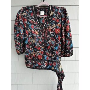 Vintage Diane Freis Blouse 1980s Floral Georgette Top Beaded Tie w/ Side Sash‎ M